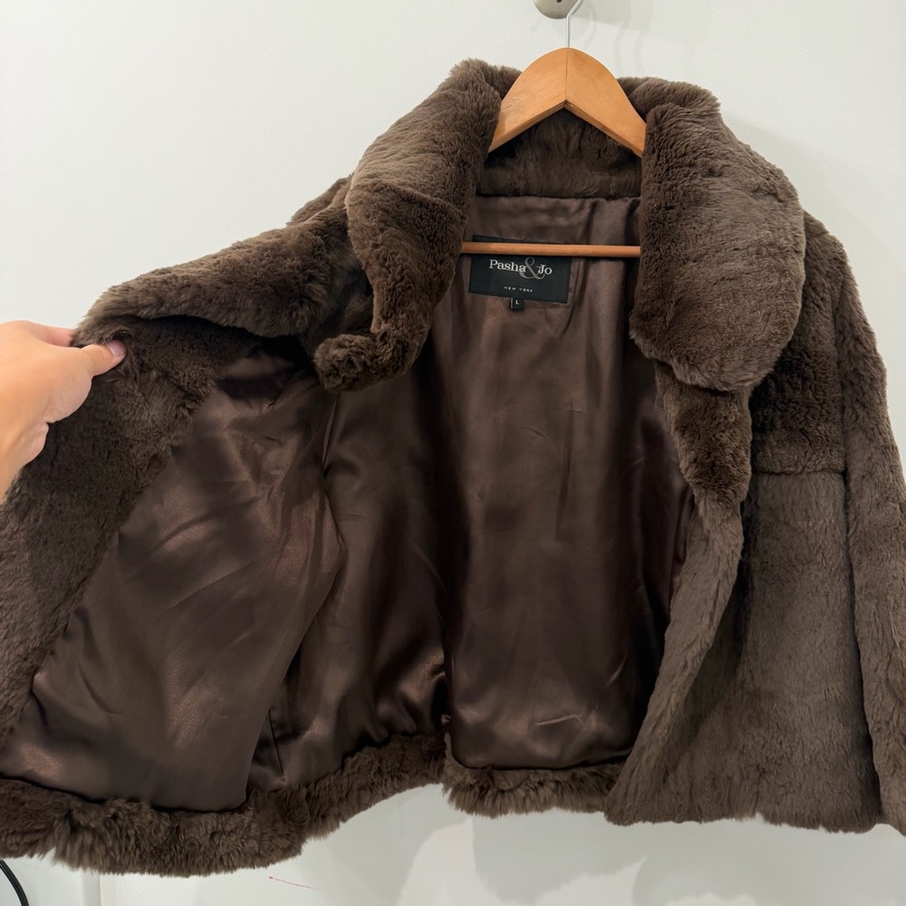 NEW Chocolate Espresso Brown Genuine  Rabbit Fur Oversized Cropped Coat - Picture 3 of 8